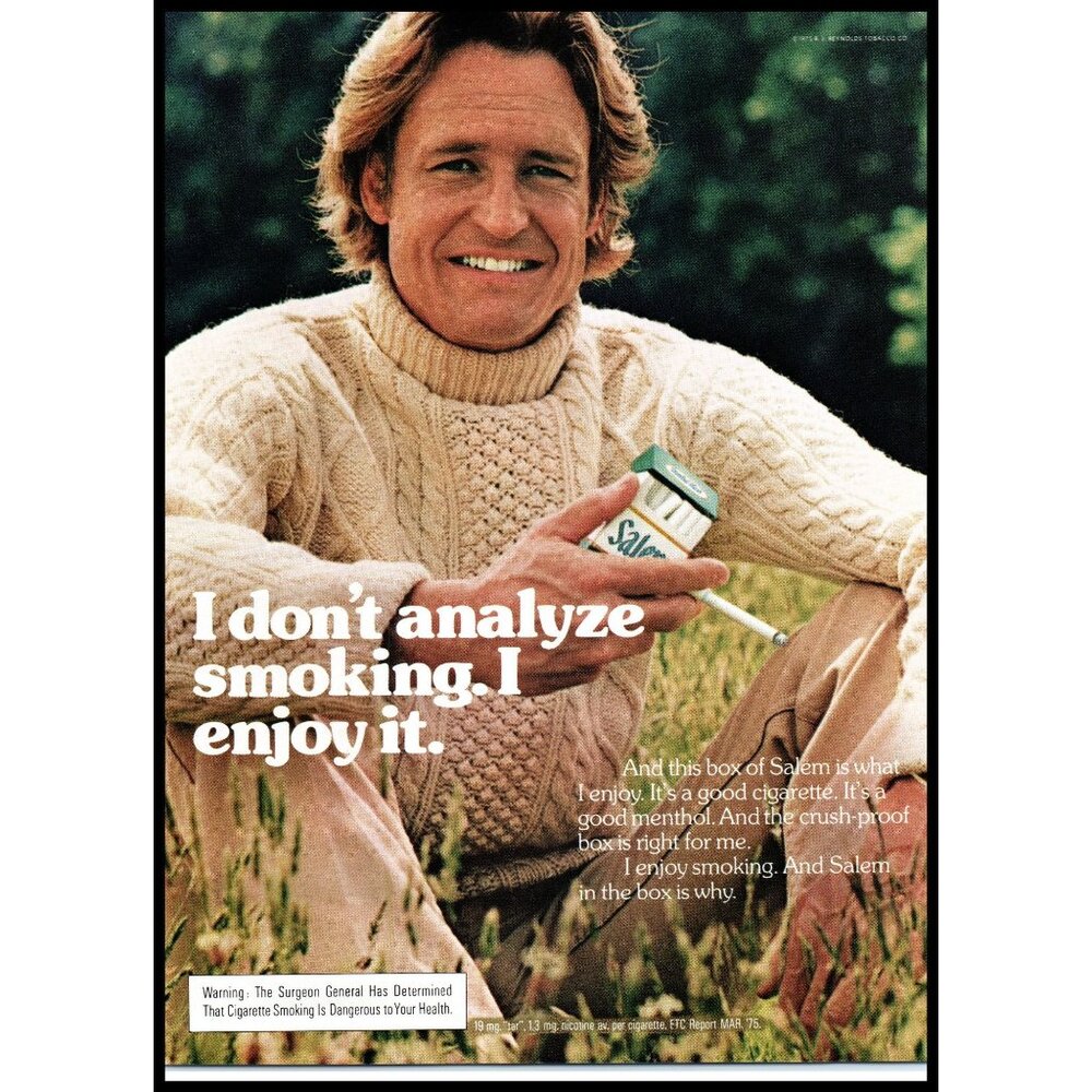 1975 Salem Cigarettes Vintage Print Ad Blonde Man Cable Knit Sweater Wall Art